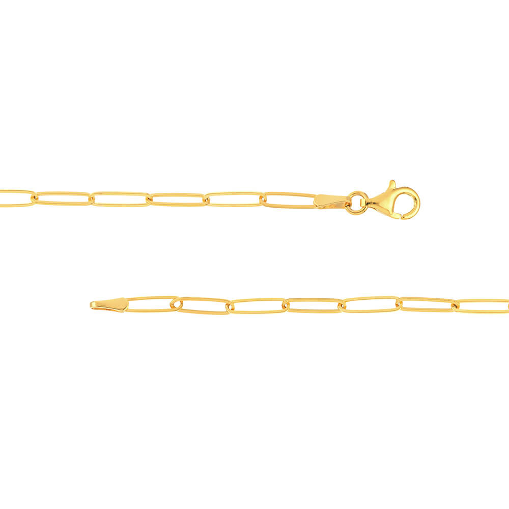 A 14K yellow gold elongated link chain necklace with a lobster clasp, shown in two horizontal segments against a plain white background.
