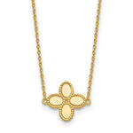 A 14K yellow gold necklace featuring a four-petal clover or flower-shaped pendant with a polished finish, suspended from a delicate cable chain against a plain white background.