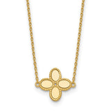 A 14K yellow gold necklace featuring a four-petal clover or flower-shaped pendant with a polished finish, suspended from a delicate cable chain against a plain white background.