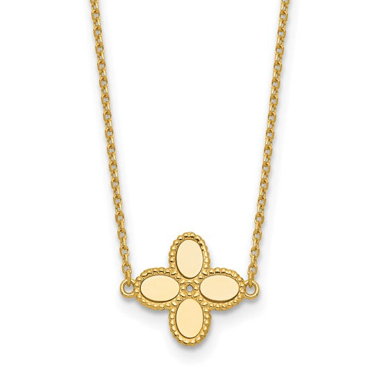 A 14K yellow gold necklace featuring a four-petal clover or flower-shaped pendant with a polished finish, suspended from a delicate cable chain against a plain white background.