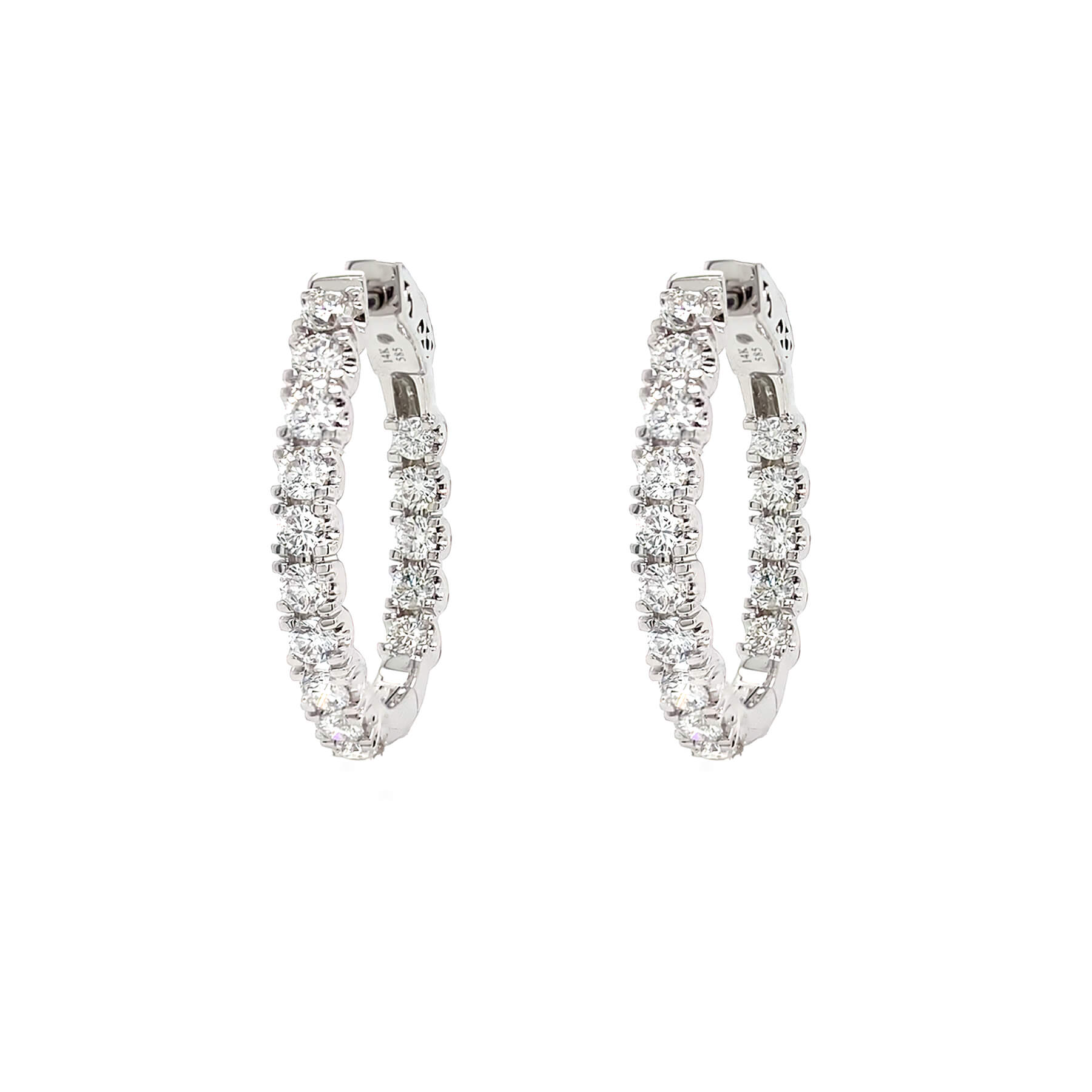 A pair of 14K white gold diamond hoop earrings paved with round clear diamonds, shown against a plain white background.