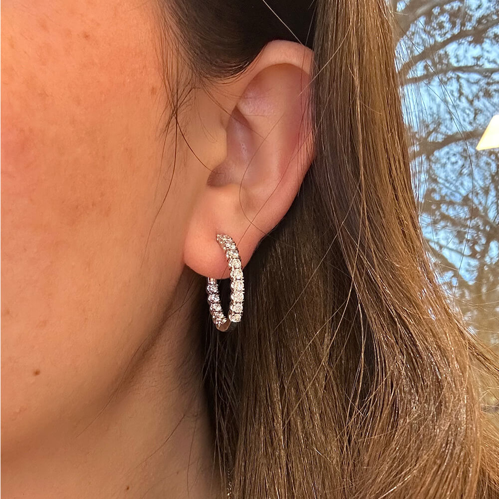 Close-up of an woman wearing a diamond hoop earring