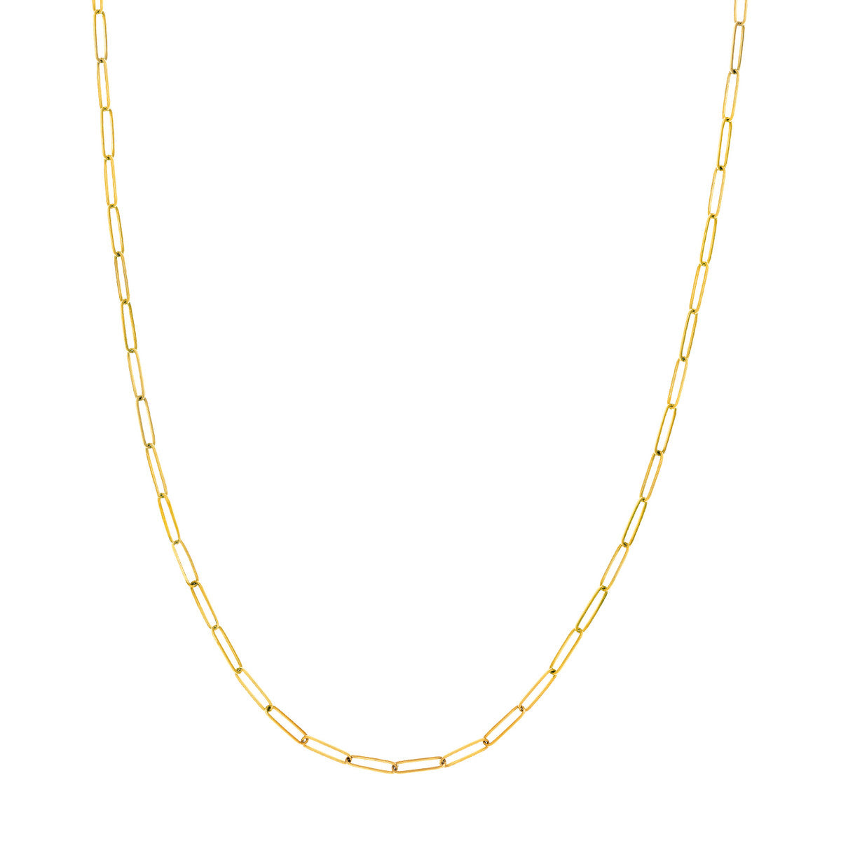 A 14K yellow gold elongated link necklace laid out on a plain surface.