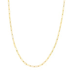 A 14K yellow gold elongated link necklace laid out on a plain surface.