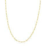 A 14K yellow gold elongated link necklace laid out on a plain surface.