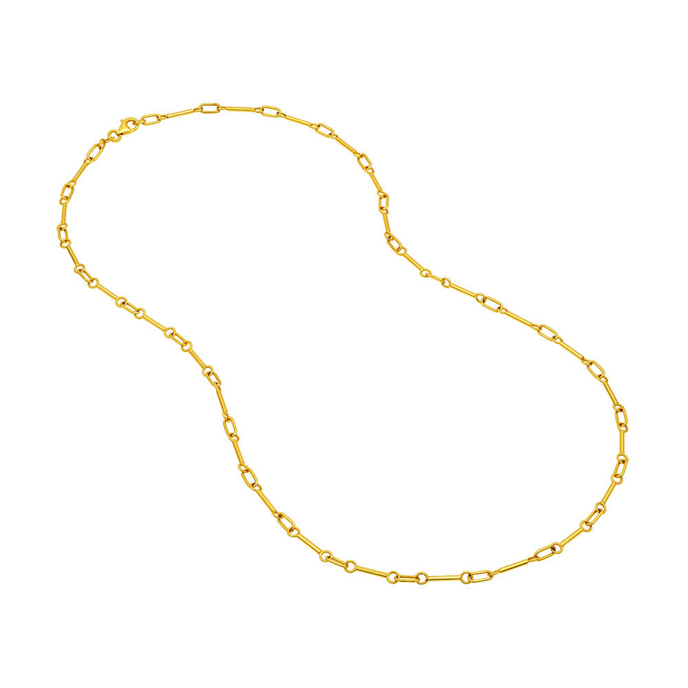 A 14K yellow gold chain necklace with elongated oval links, arranged in a loose loop on a plain white background.