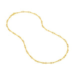 A 14K yellow gold chain necklace with elongated oval links, arranged in a loose loop on a plain white background.