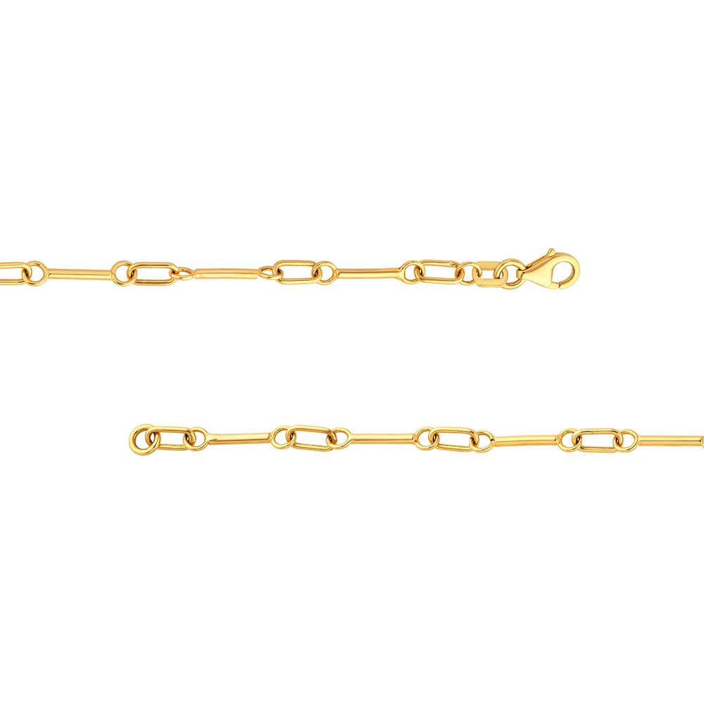 A close-up of a 14K yellow gold chain featuring elongated oval links and a lobster clasp, shown against a plain white background.