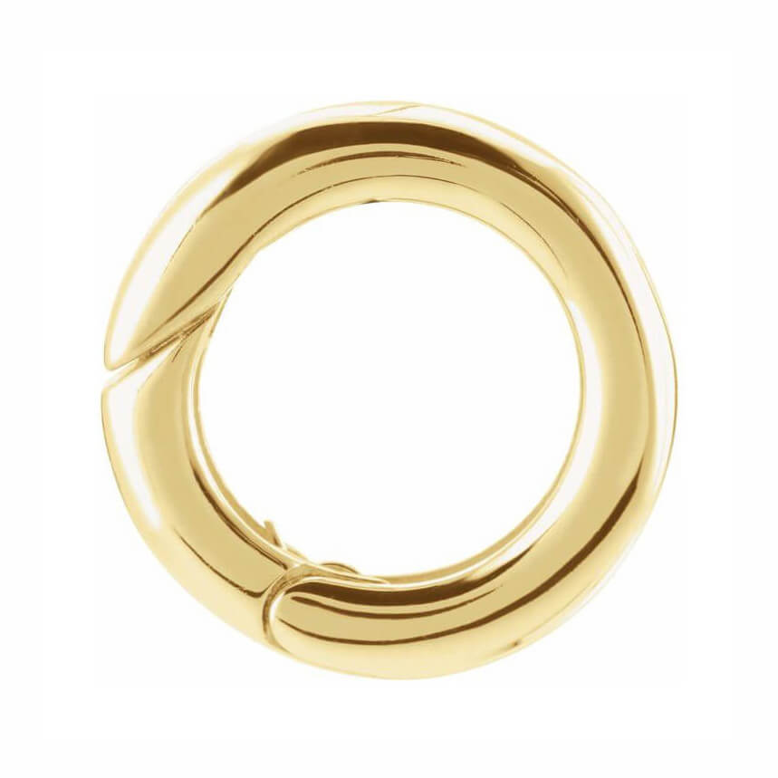 A polished 14K gold hinged circular bail to attach pendants to necklaces
