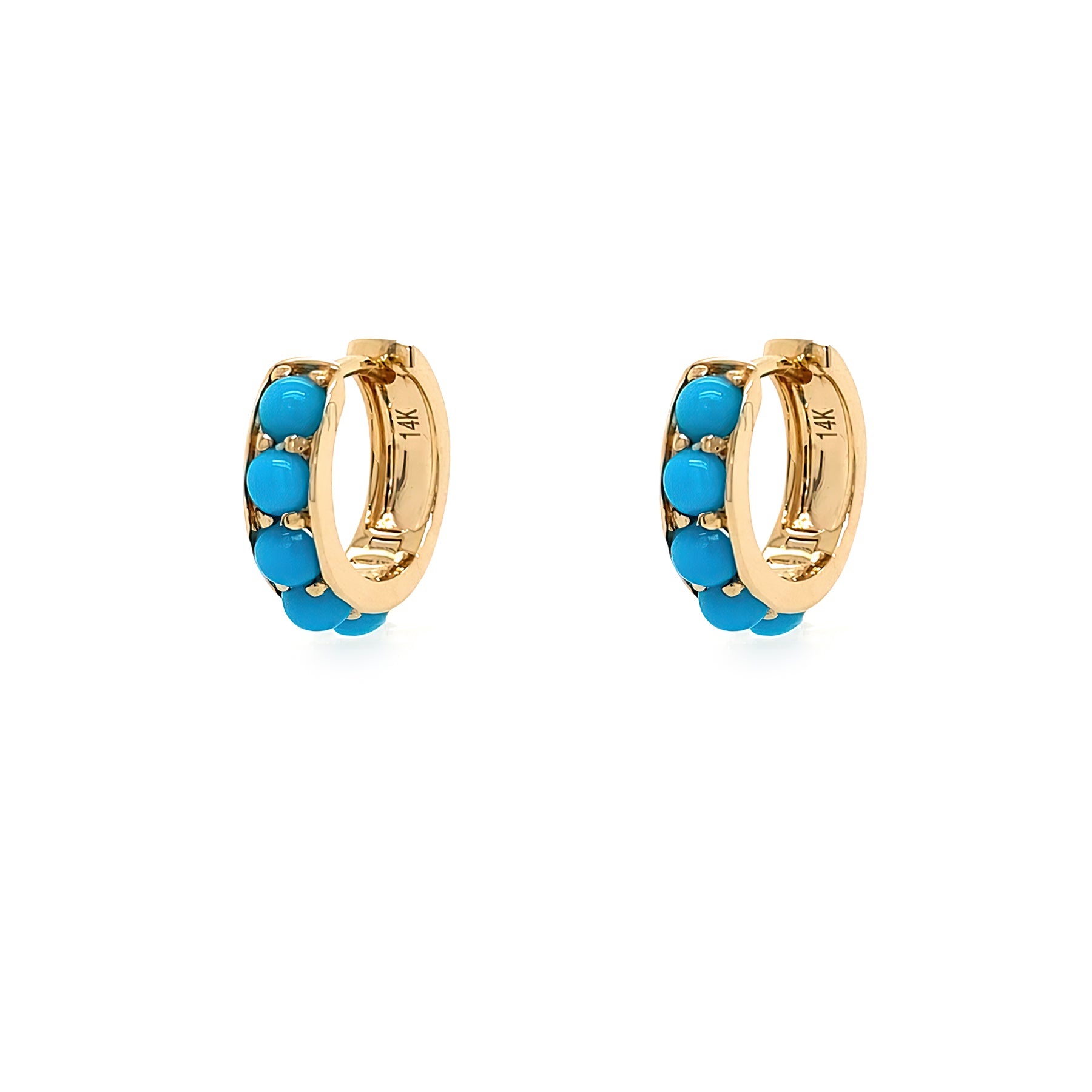 14K Gold hoop earrings with turquoise stones on a white backgroundi
