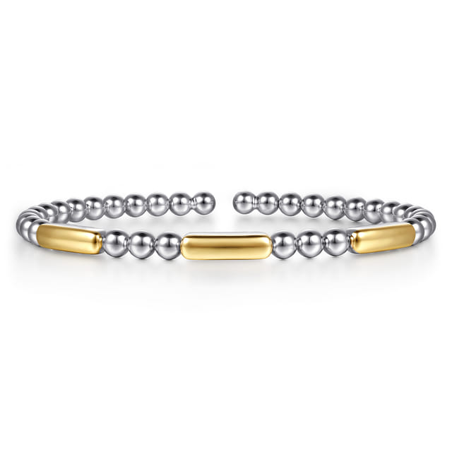 14K YG and Sterling Silver Three Station Bar Bujukan Bangle Bracelet