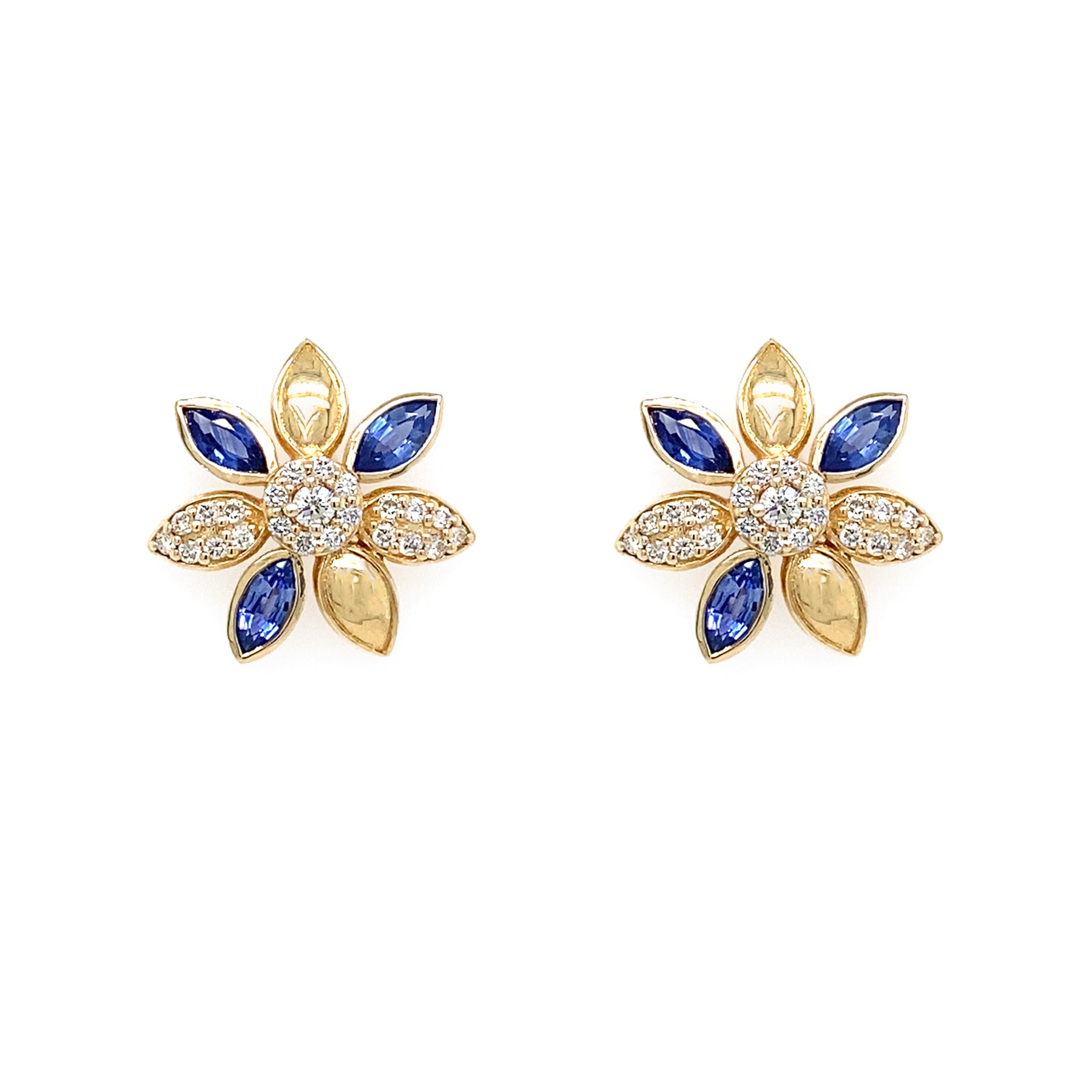 14K Yellow Gold Diamond and Sapphire Flower Earrings