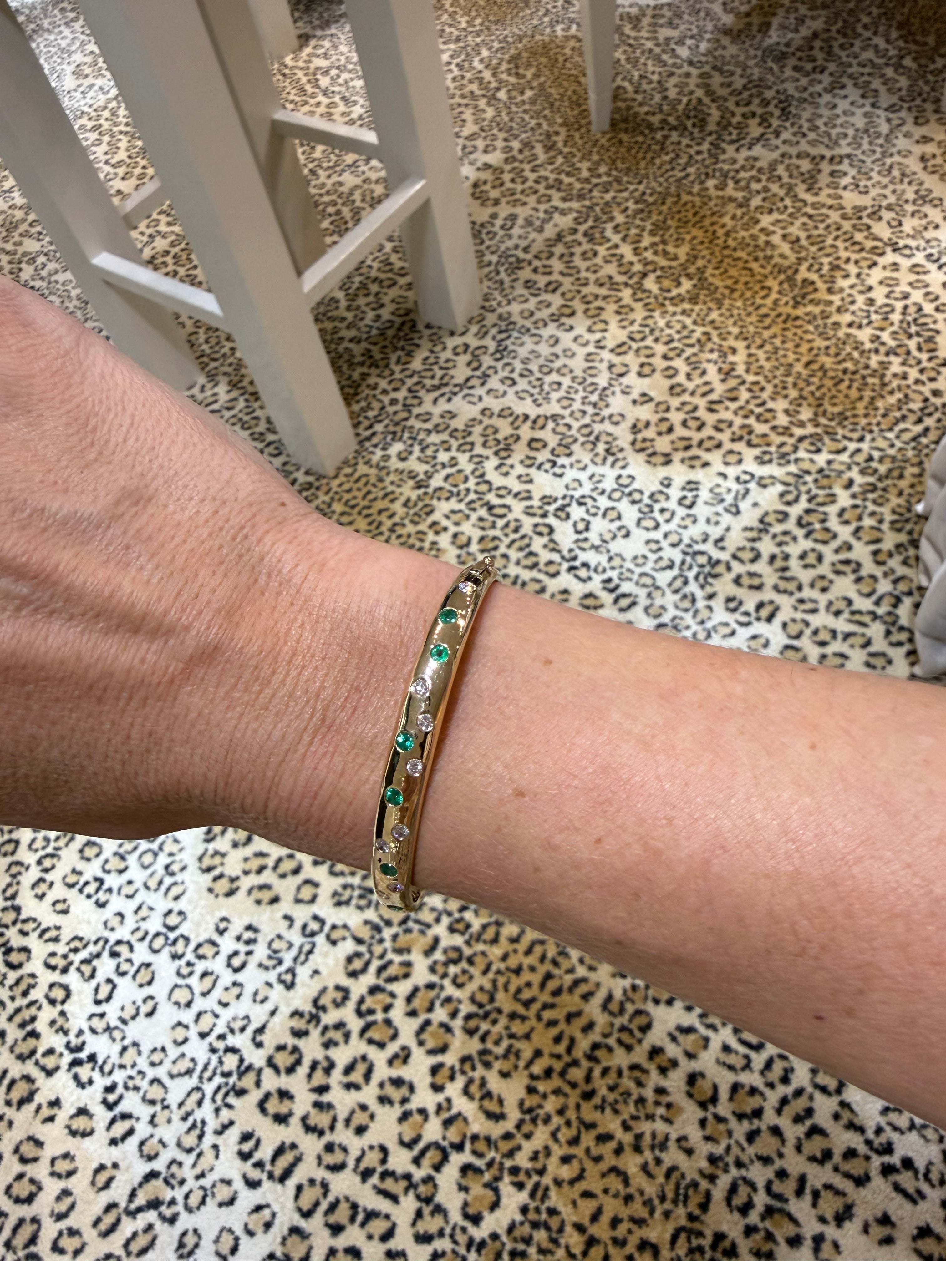 14K Yellow Gold Emerald & Diamond Scatter Bracelet on wrist 