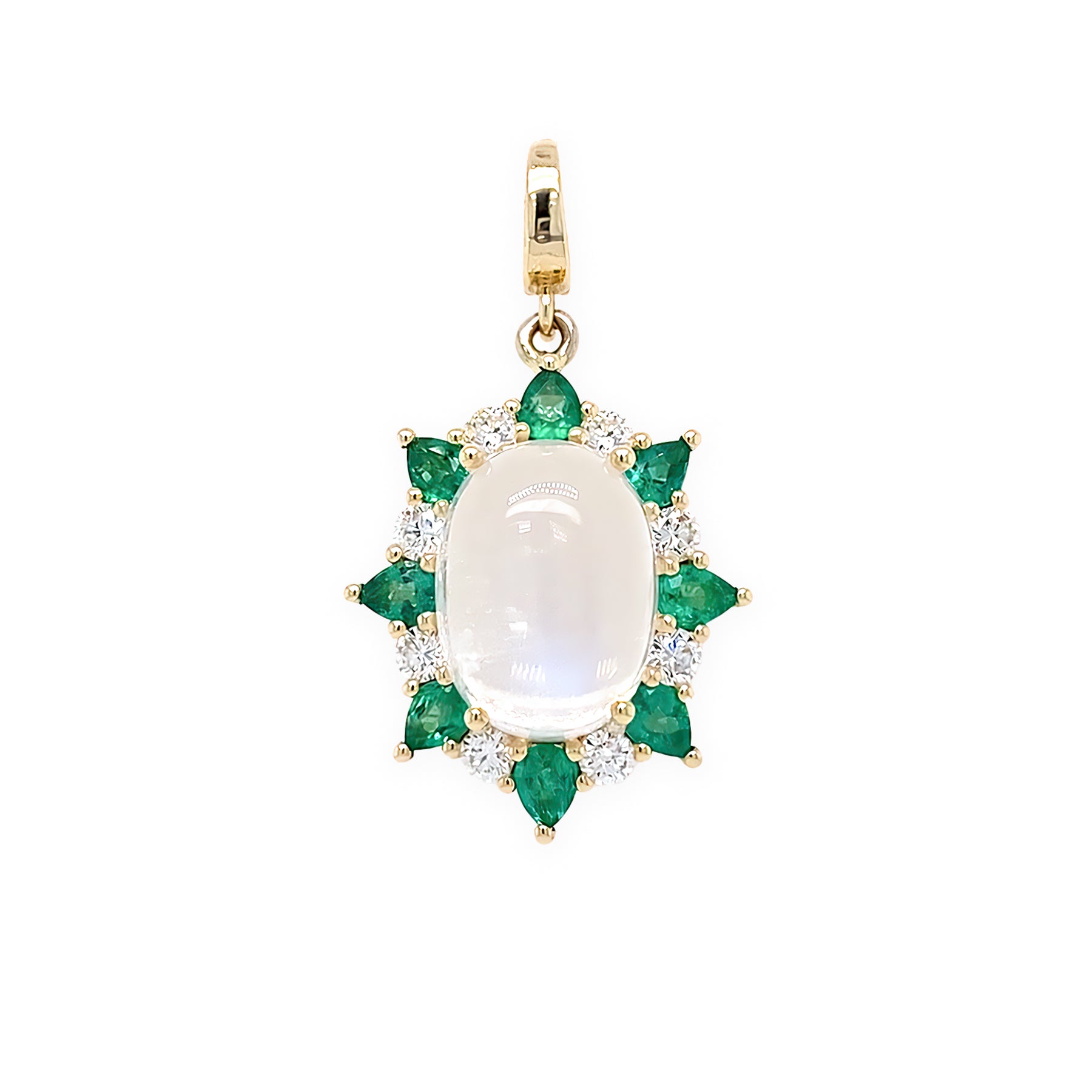 14K Yellow Gold Moonstone Pendant with Diamonds and Emeralds