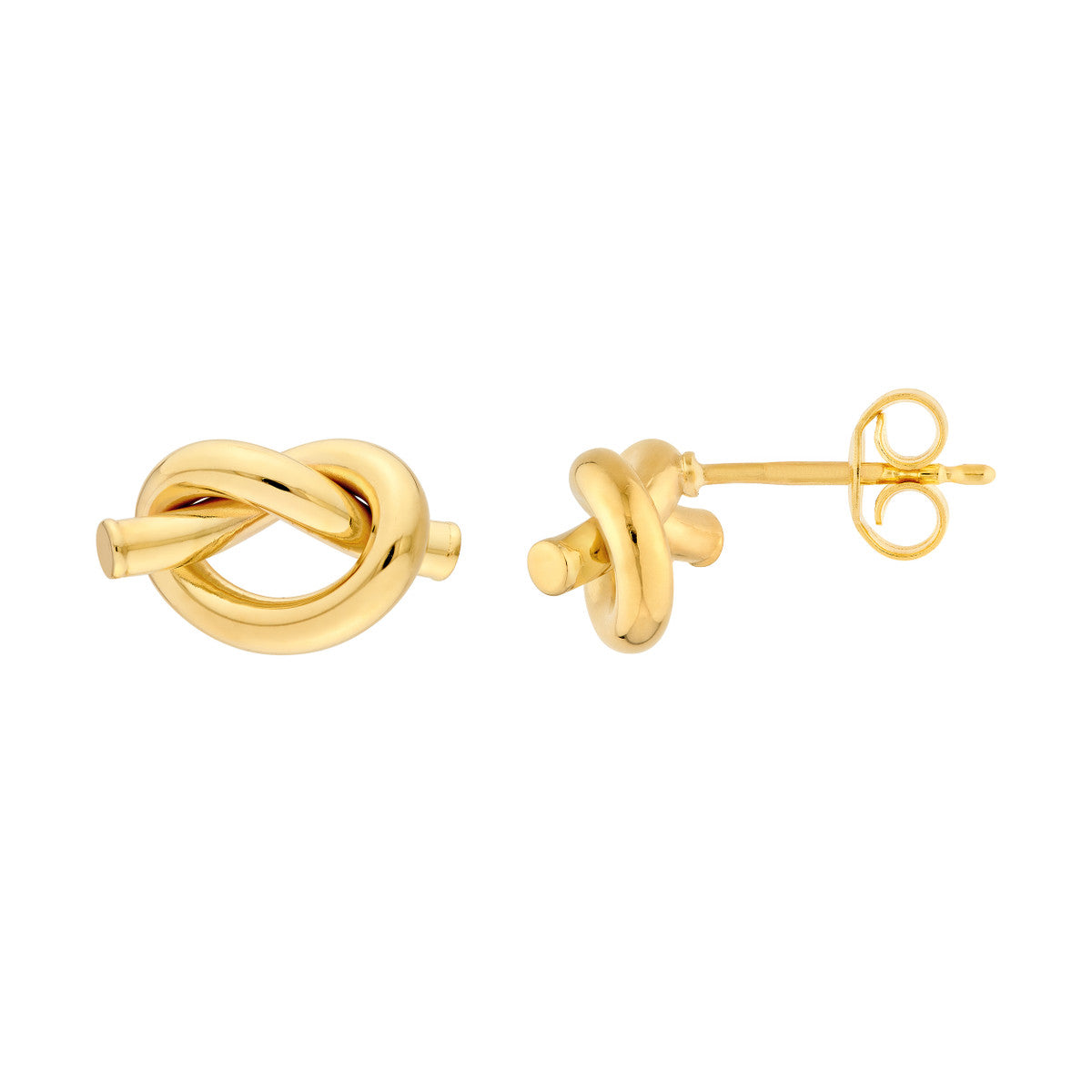 14K Yellow Gold tube love knot earrings on a white background