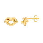 14K Yellow Gold tube love knot earrings on a white background