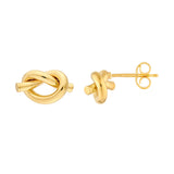 14K Yellow Gold tube love knot earrings on a white background