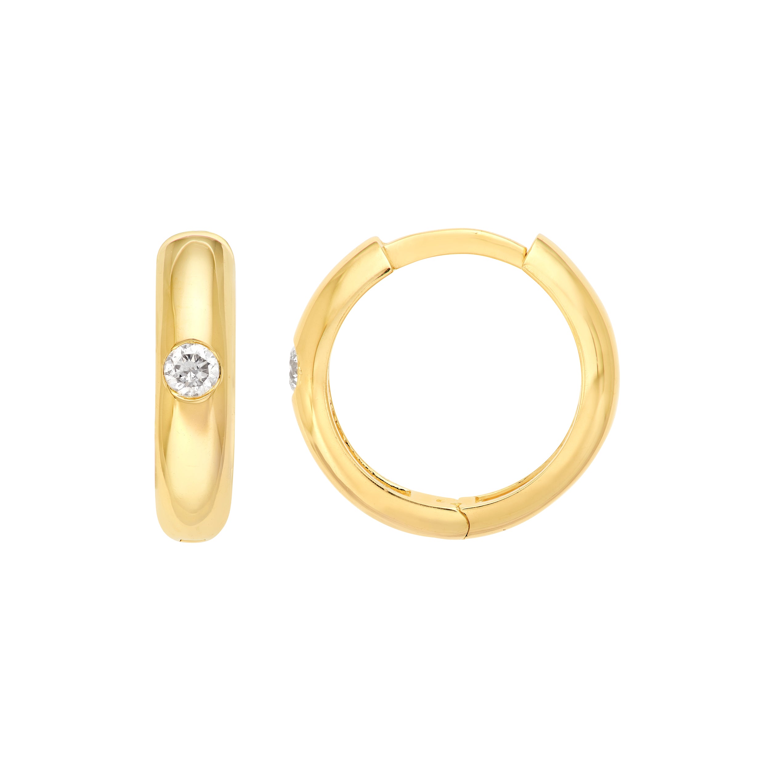 Gold hoop earrings with a small diamond on a white background