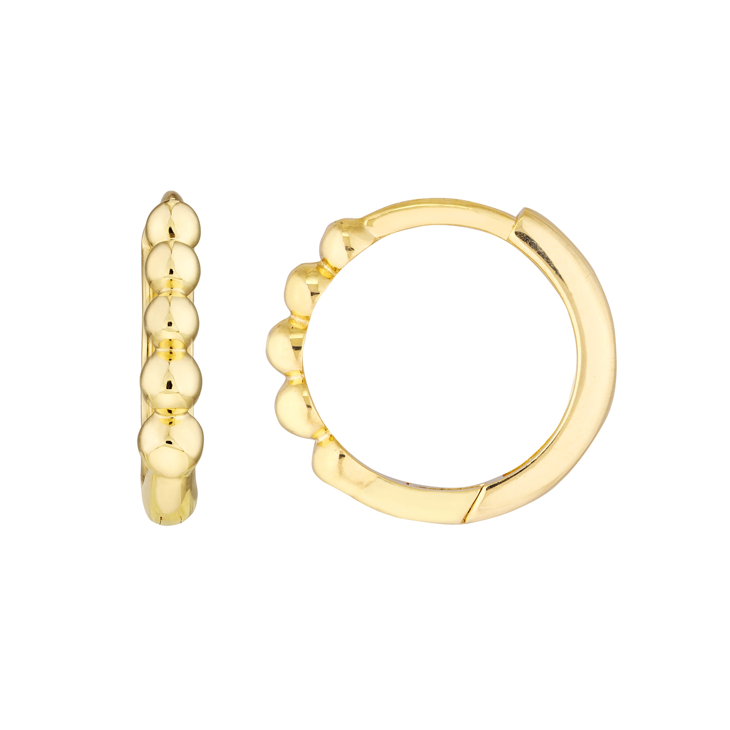 14K Gold huggie hoop earrings with bead detailing on a white background