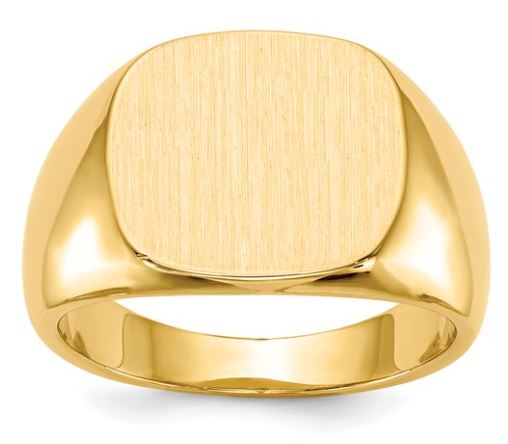 A 14K yellow gold closed back men's square signet ring with a polished finish.