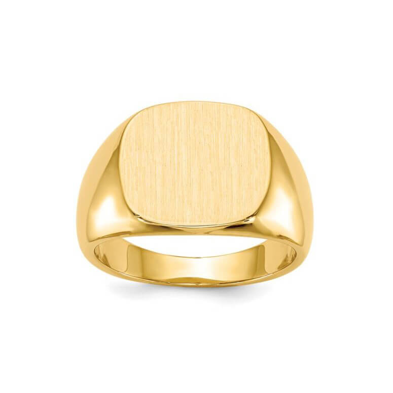 A 14K yellow gold closed back men's square signet ring with a polished finish.