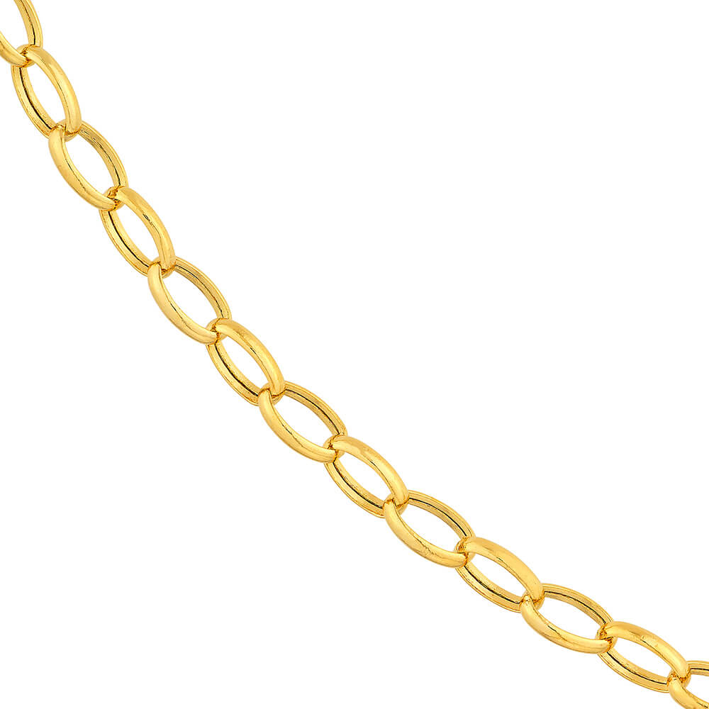 A close-up of a polished 14K yellow gold chain with elongated oval links, shown diagonally against a solid white background.