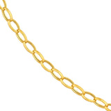 A close-up of a polished 14K yellow gold chain with elongated oval links, shown diagonally against a solid white background.