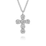 A 14K white gold cross pendant necklace adorned with diamond gemstones, suspended from a 14k white gold chain against a plain white background.