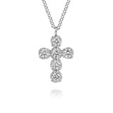 A 14K white gold cross pendant necklace adorned with diamond gemstones, suspended from a 14k white gold chain against a plain white background.