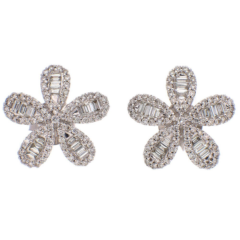 Flower-shaped diamond earrings on a white background