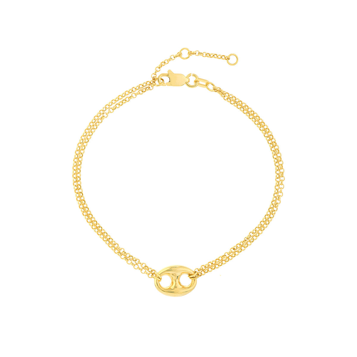 14K Gold bracelet with a unique Puff Mariner clasp design on a white background