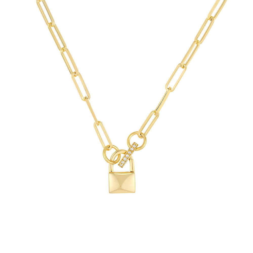 A gold paperclip chain necklace featuring a small padlock pendant with a pavé diamond accent on the shackle, set against a plain white background.