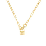 A gold paperclip chain necklace featuring a small padlock pendant with a pavé diamond accent on the shackle, set against a plain white background.