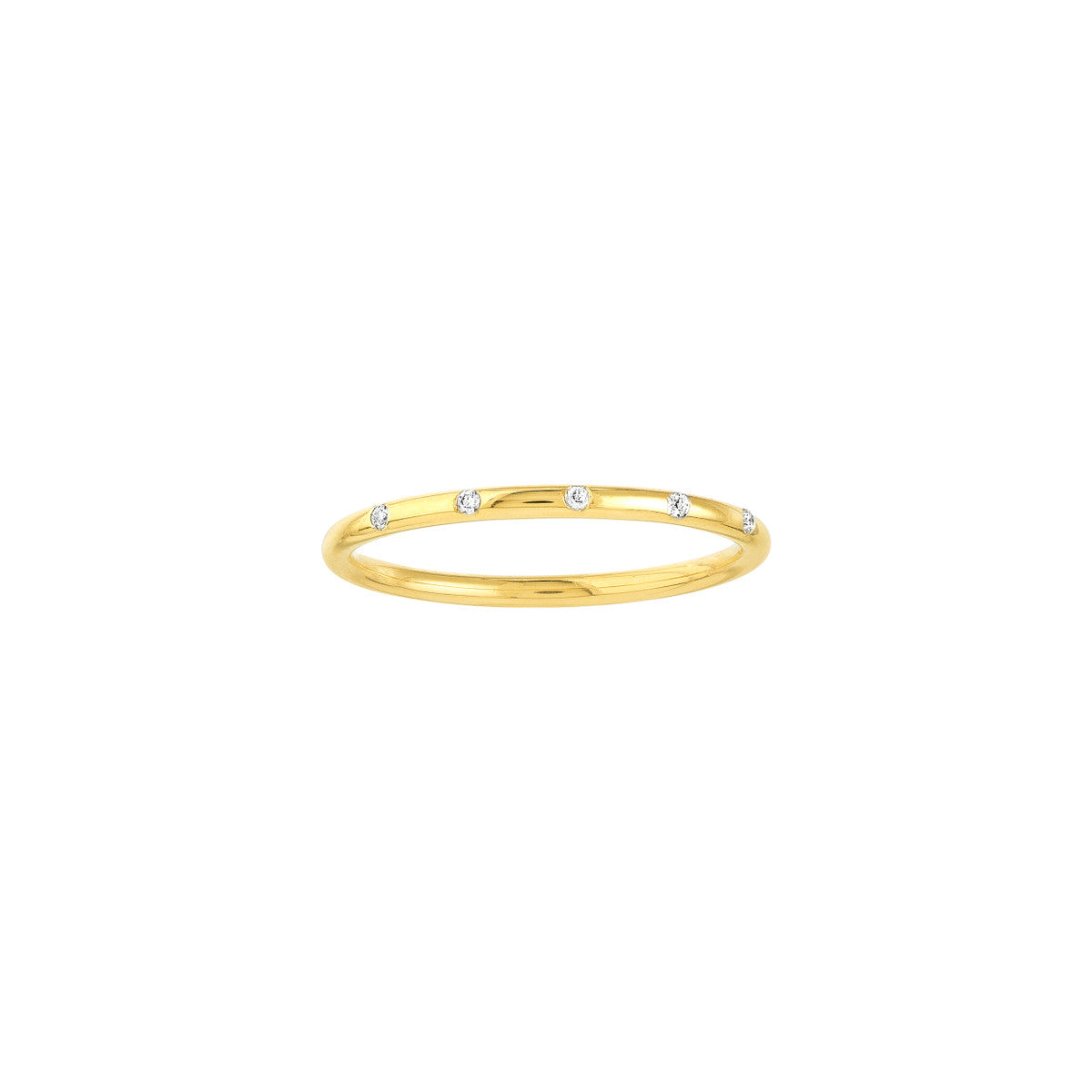 A thin yellow gold band ring with diamond stations, displayed against a white background.