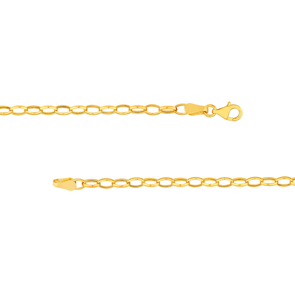 A close-up of a 14K yellow gold chain necklace showing the lobster clasp and link structure against a plain white background.