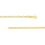 A close-up of a 14K yellow gold chain necklace showing the lobster clasp and link structure against a plain white background.