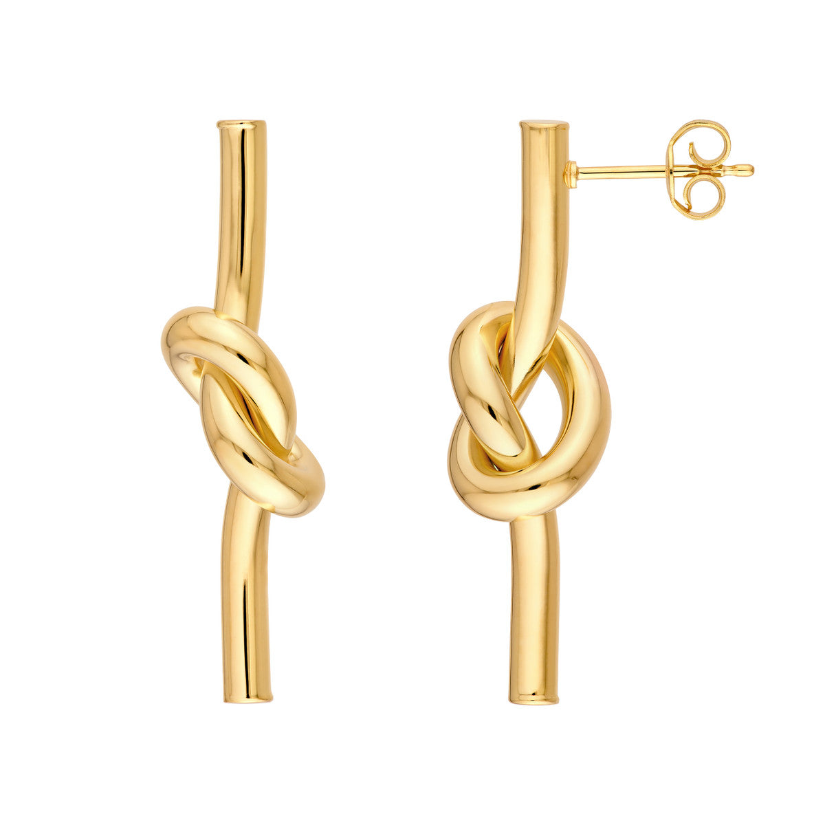14k yellow gold tube love knot drop earrings 