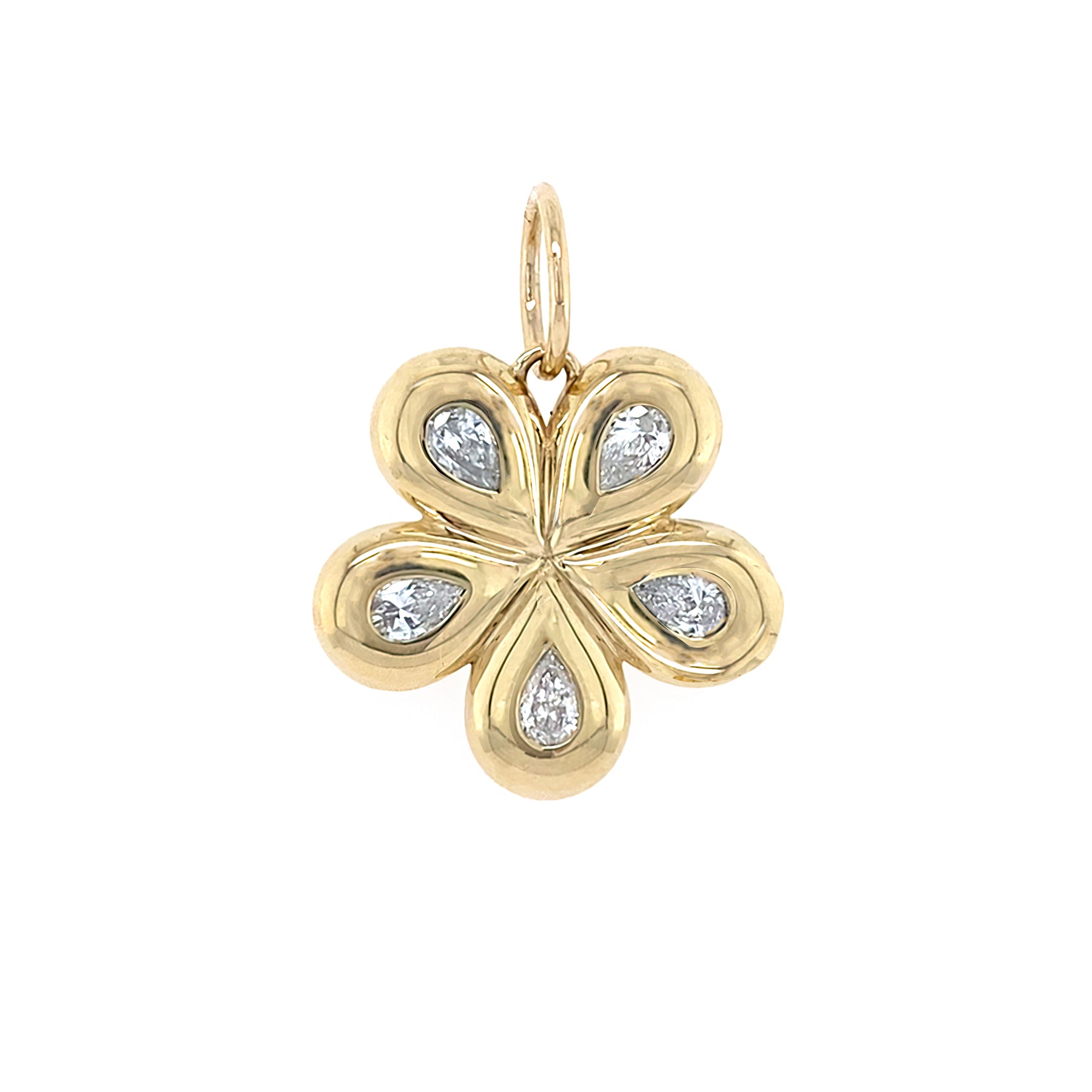Gold flower-shaped pendant with embedded diamonds on a white background