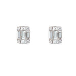 Pair of emerald-cut diamond earrings on a white background