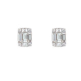 Pair of emerald-cut diamond earrings on a white background