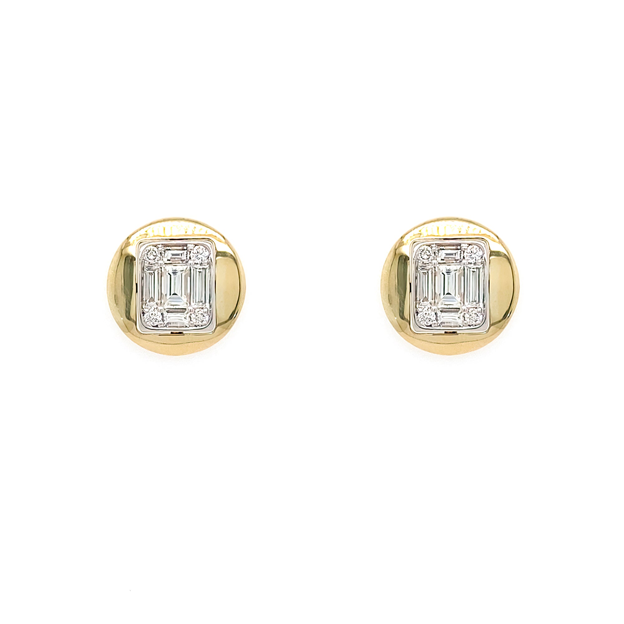 Pair of 14K gold and diamond stud earrings on a white background