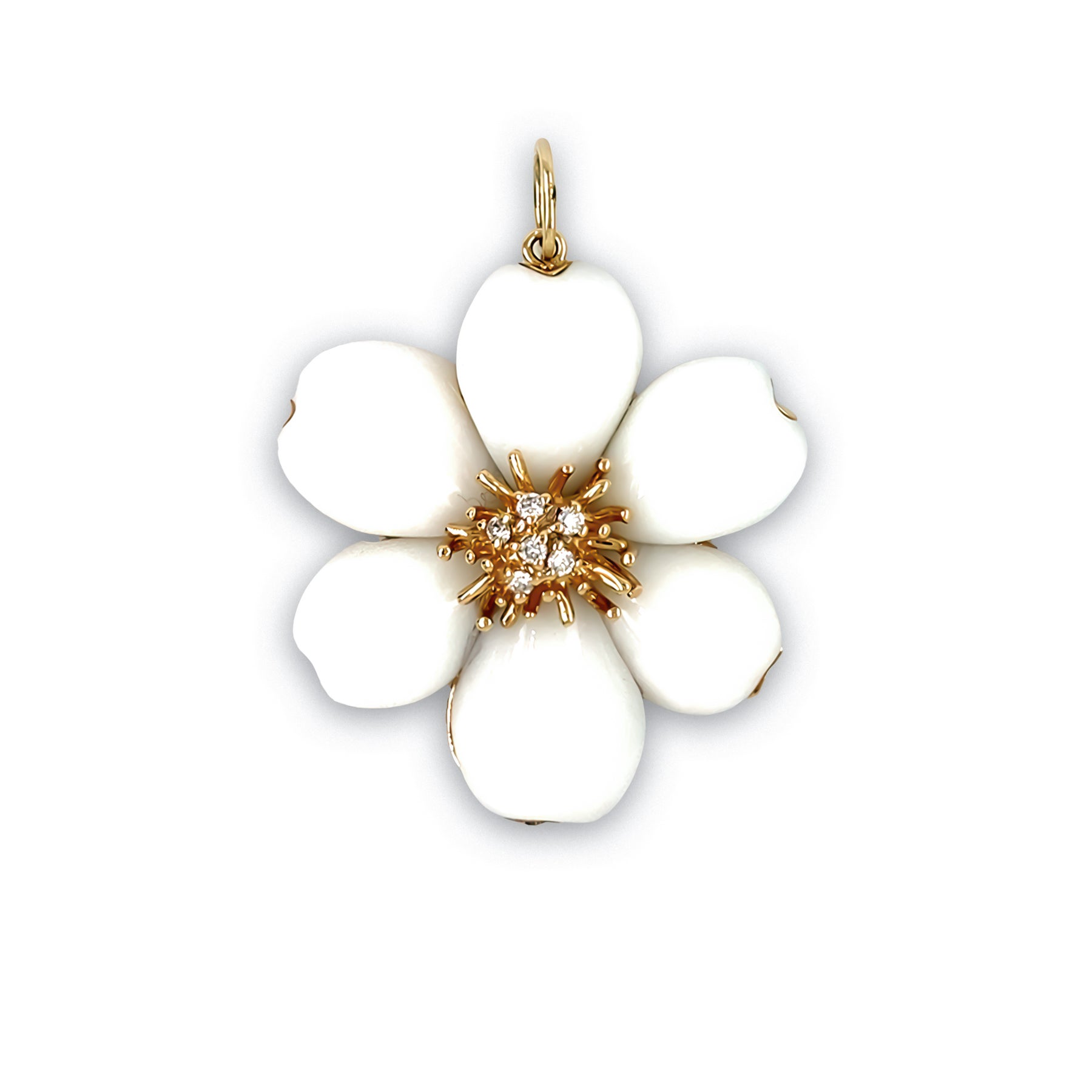 A 14K yellow gold pendant with a white coral flower design and diamond accents.