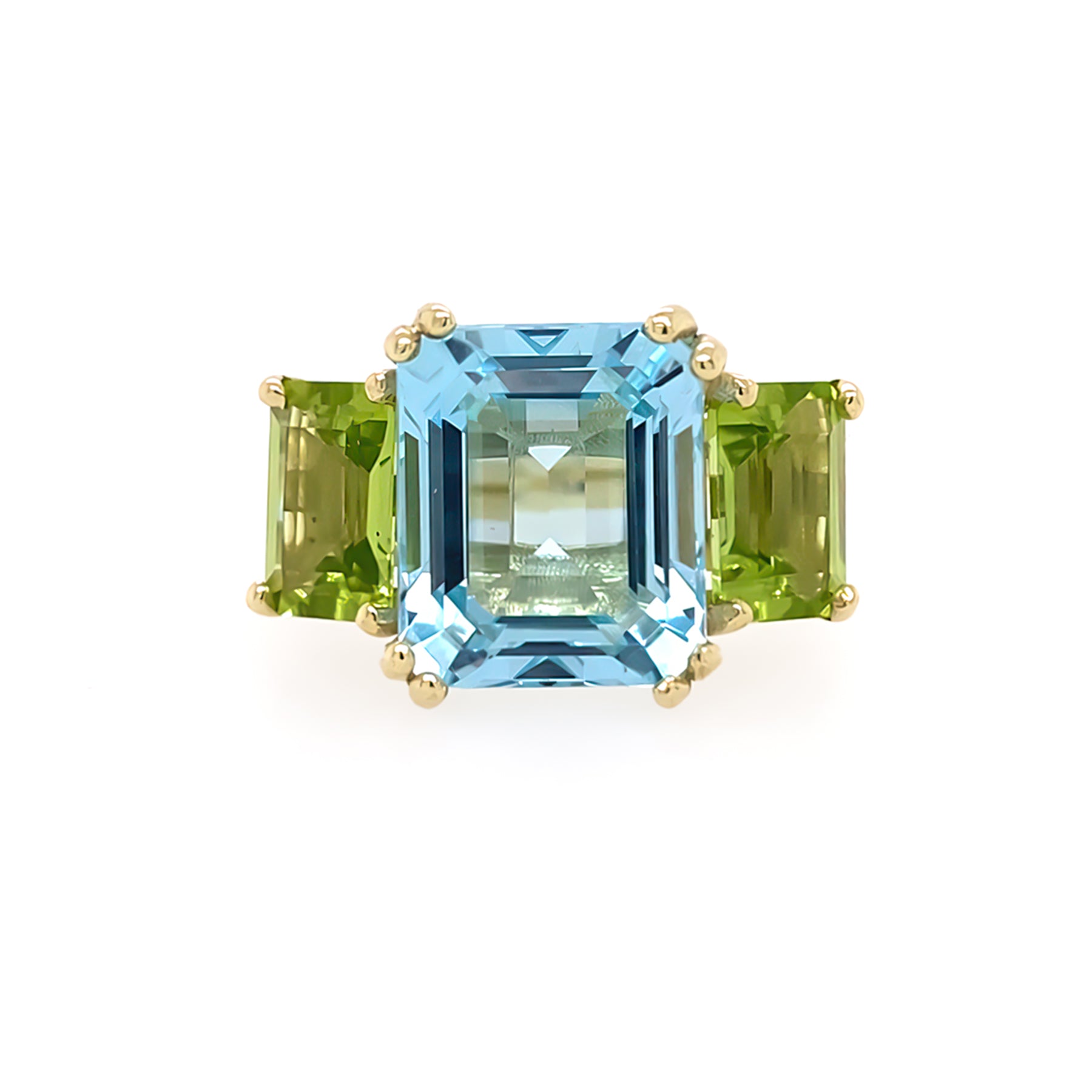 14k yellow gold center stone blue topaz and 2 green amethyst side stones