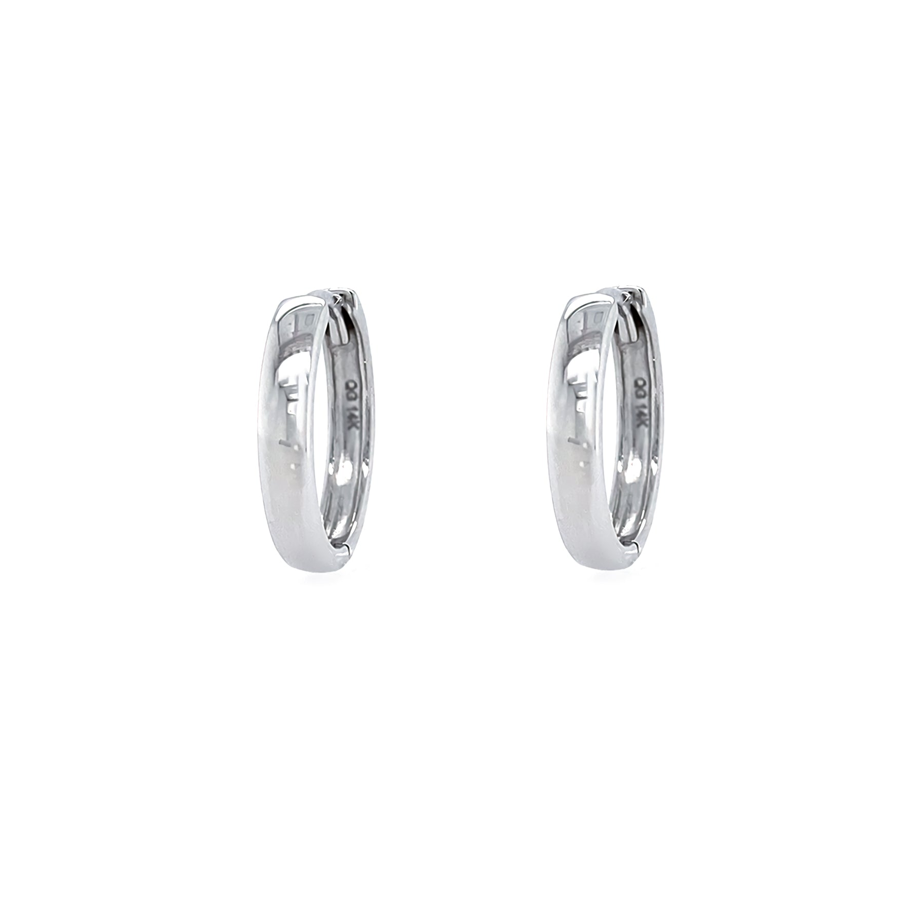 Pair of 14K White Gold small hoop earrings on a white background