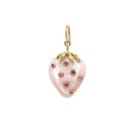 A strawberry-shaped pendant charm featuring a mother of pearl body, 14K gold metal borders and stem, and small pink sapphire accents, shown on a plain white background.