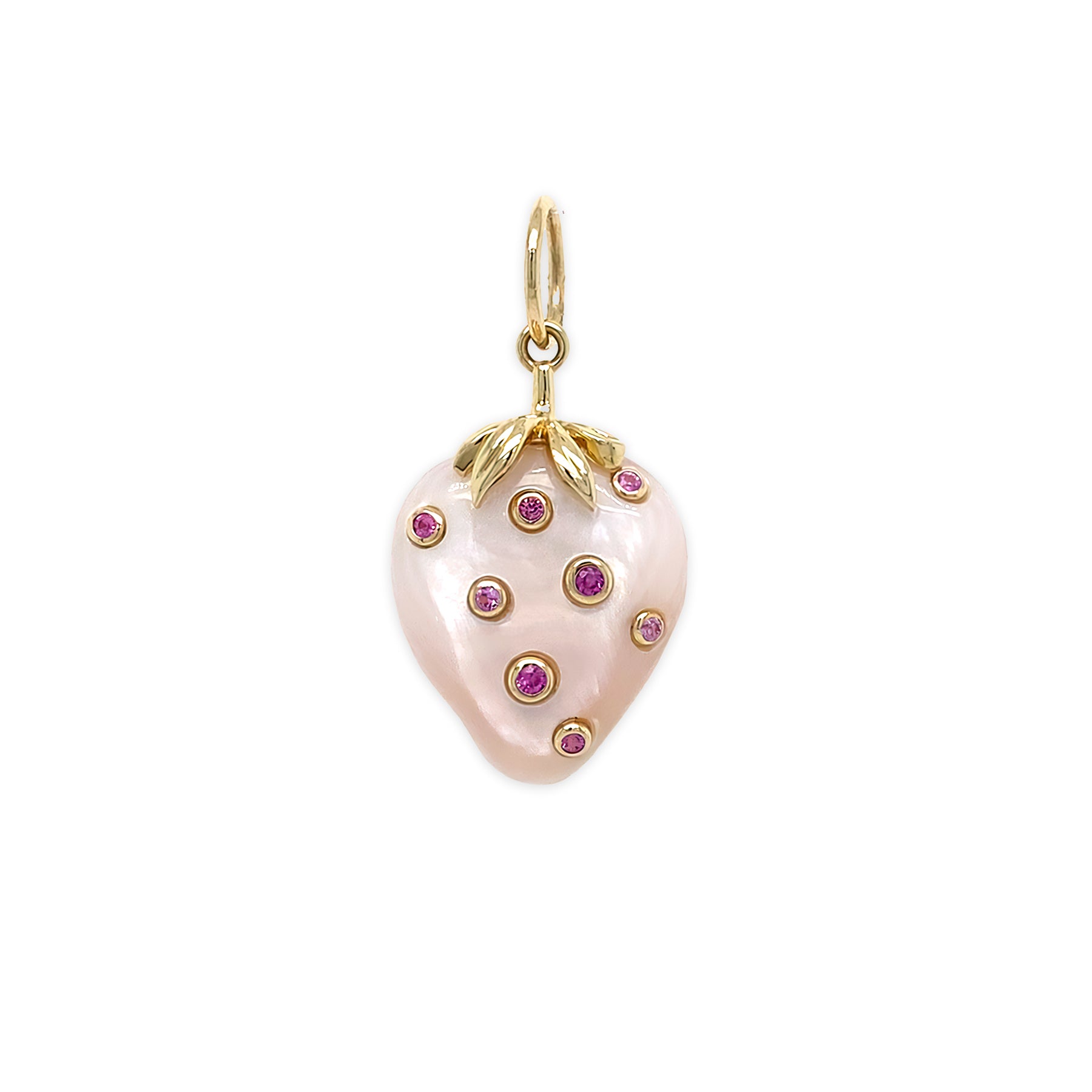 A strawberry-shaped pendant charm featuring a mother of pearl body, 14K gold metal borders and stem, and small pink sapphire accents, shown on a plain white background.