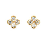 A pair of 14K yellow gold clover diamond earrings with four clear diamond stones set in gold.