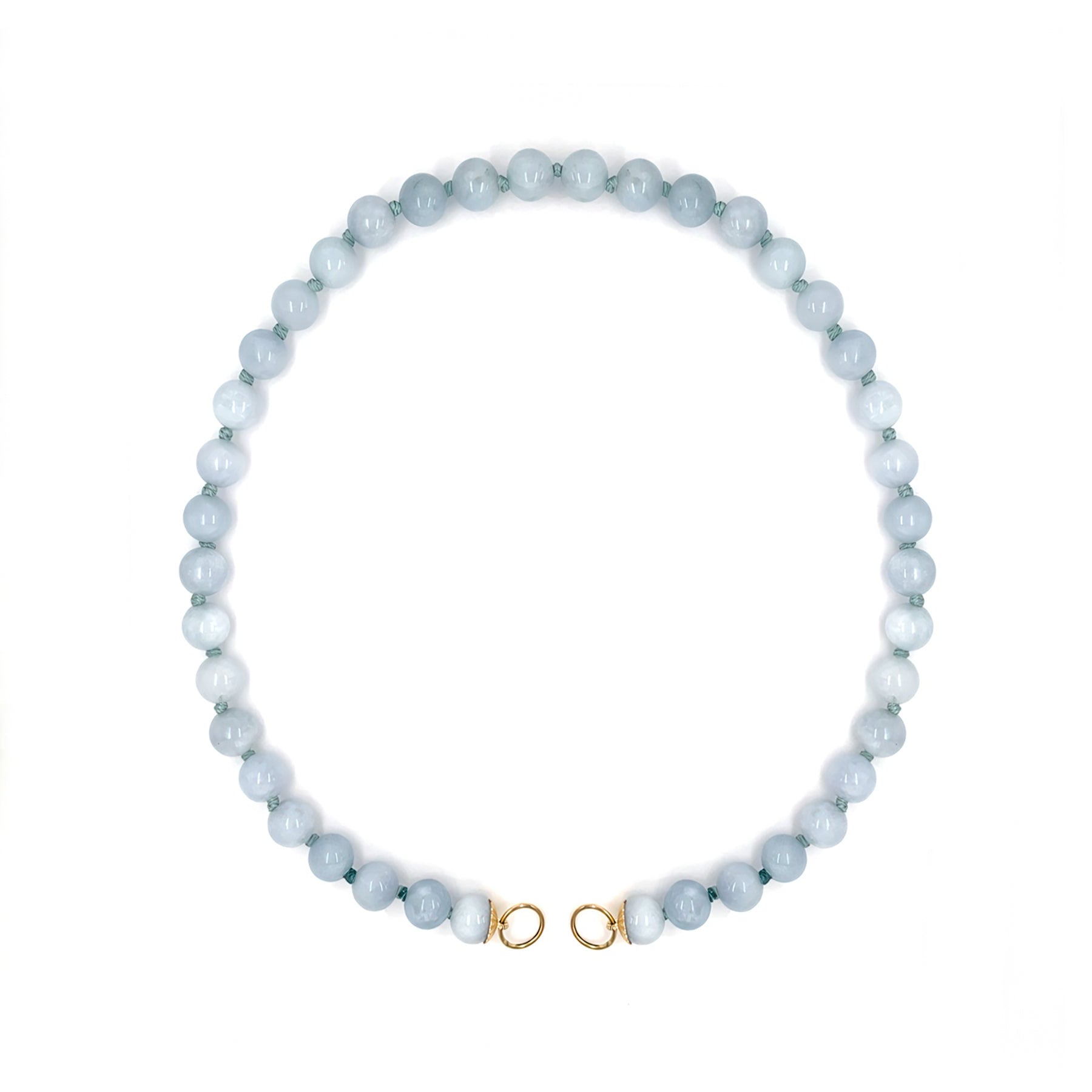 14K yellow gold Necklace with light aqua beads on a white background