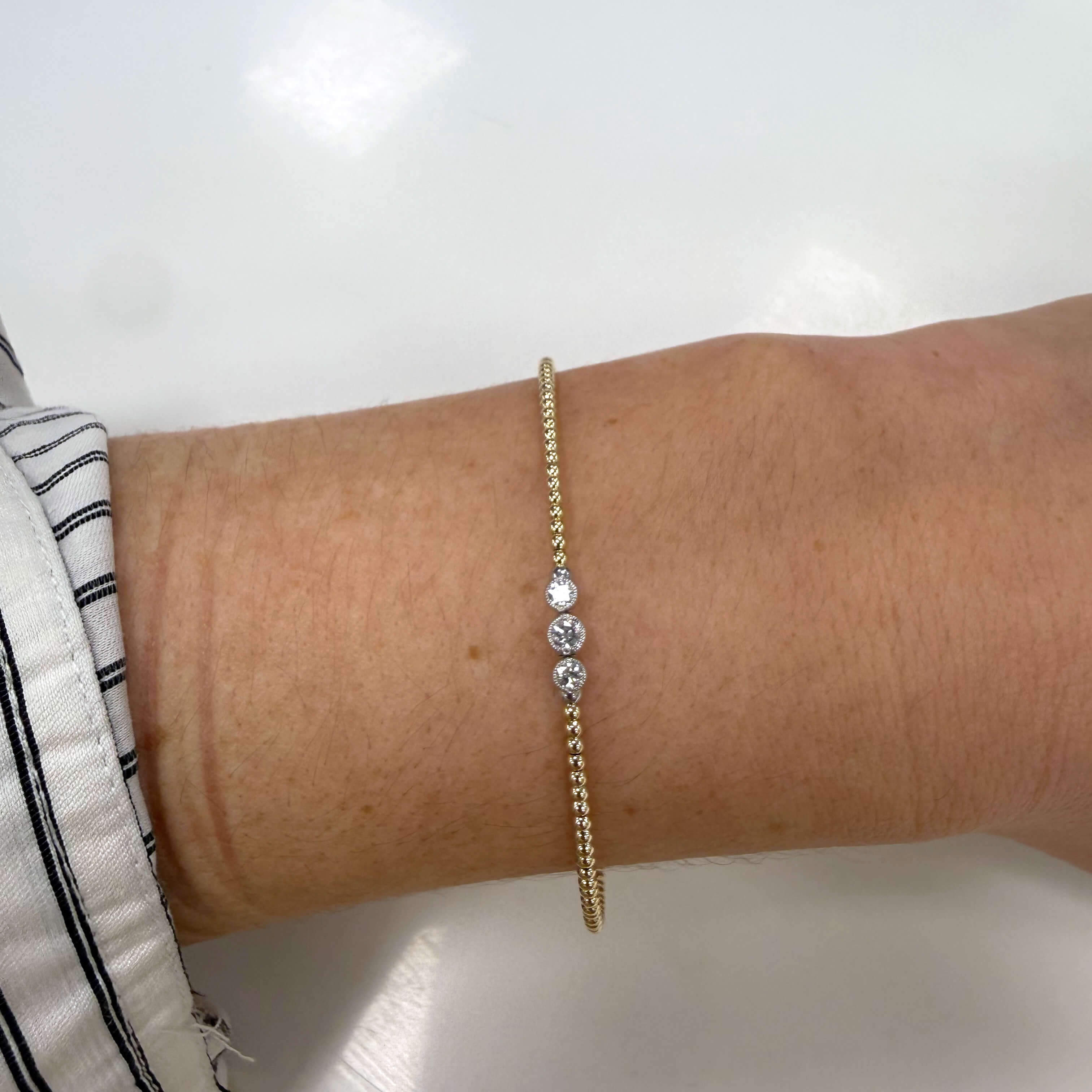 14K Gold Beaded Bangle with 3 Bezel Diamonds