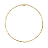 A 14K yellow gold tennis necklace with a small repeating row of clear diamonds all around, shown on a plain white background.
